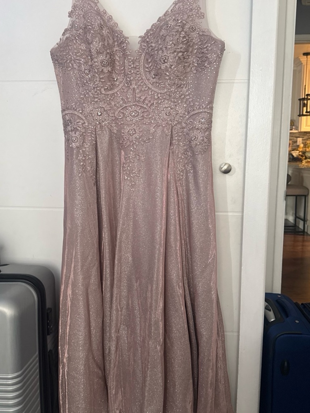 Beaded V-Neck Blush Prom Gown